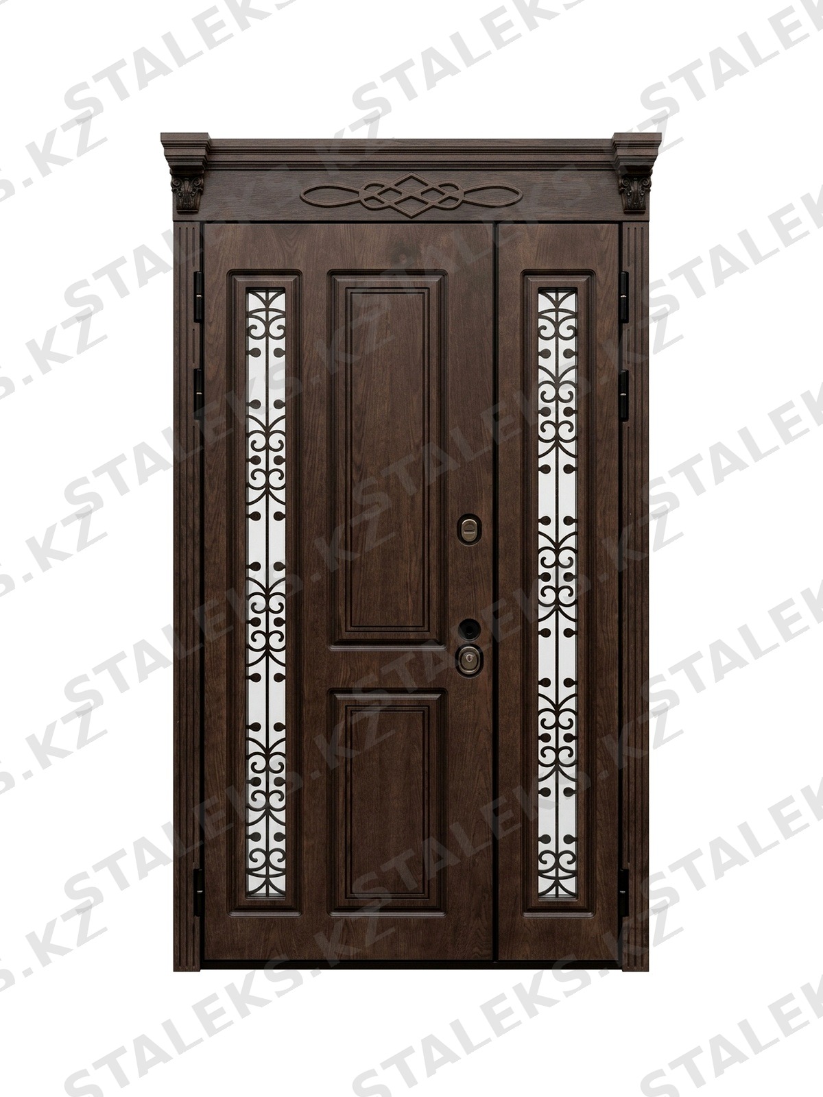 Палермо — двустворчатая входная дверь с остеклением — каталожное фото STALEKS, темно-коричневый комбинированная
